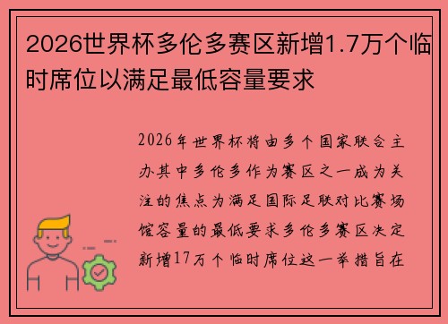 2026世界杯多伦多赛区新增1.7万个临时席位以满足最低容量要求 2026世界杯多伦多赛区新增1.7万个临时席位以满足最低容量要求