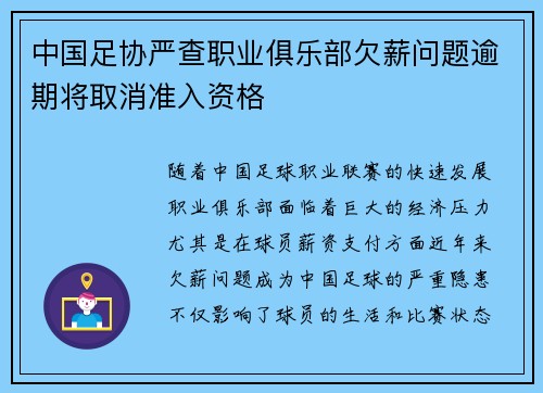 中国足协严查职业俱乐部欠薪问题逾期将取消准入资格 中国足协严查职业俱乐部欠薪问题逾期将取消准入资格