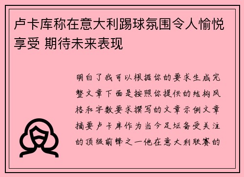 卢卡库称在意大利踢球氛围令人愉悦享受 期待未来表现